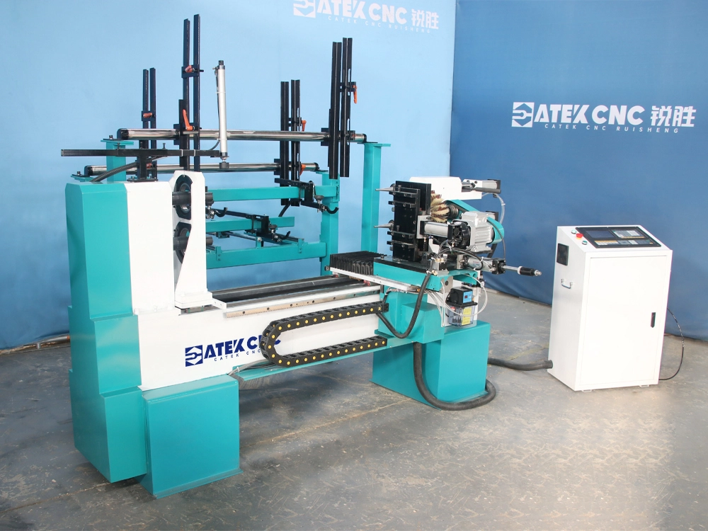 Small 2-Station CNC Wood Lathe With Automatic Feeding and Sanding Device Small 2-Station CNC Wood Lathe With Automatic Feeding and Sanding Device
