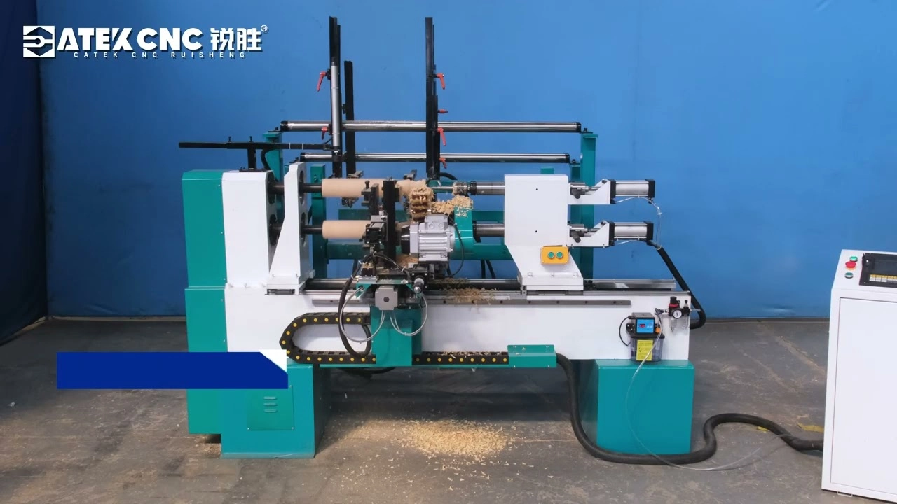 Small 2-Station CNC Wood Lathe With Automatic Feeding and Sanding Device Small 2-Station CNC Wood Lathe With Automatic Feeding and Sanding Device